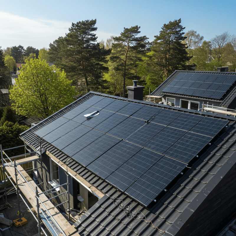 Saulės elektrinės montavimas ant privataus namo stogo saulėtą dieną