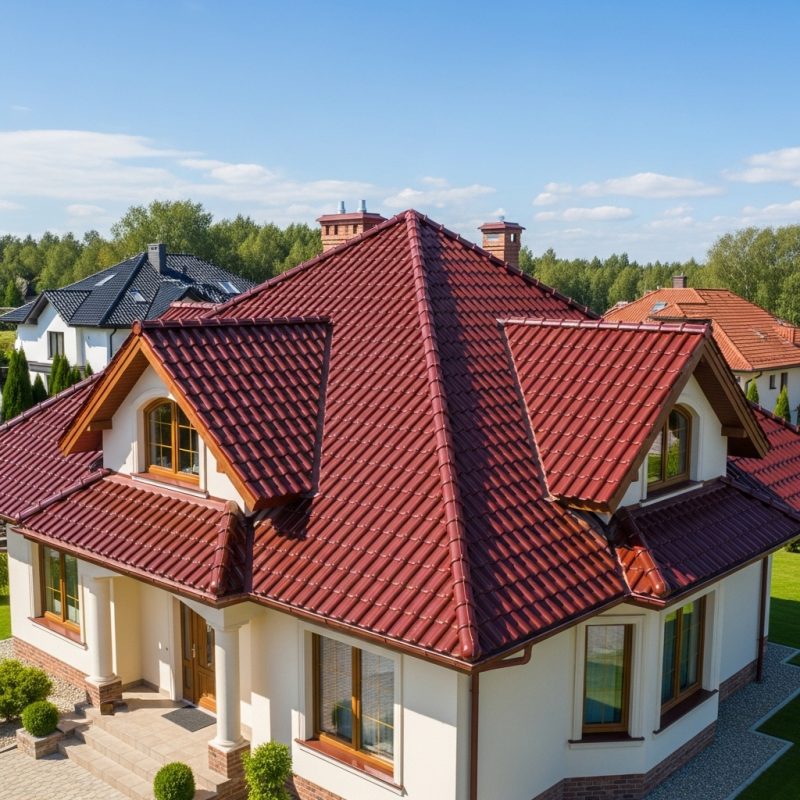 Modernus namas su išskirtiniu raudonu čerpių stogu saulėtą dieną
